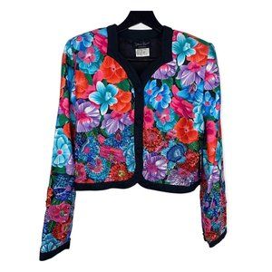 Vintage 90s Diane Freis Floral Beaded Bolero Jacket Medium